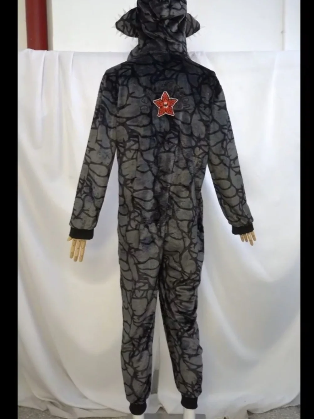 Stranger Things Demogorgon Onsie- Dark Gray with Red Hood Accents ADULT SMALL